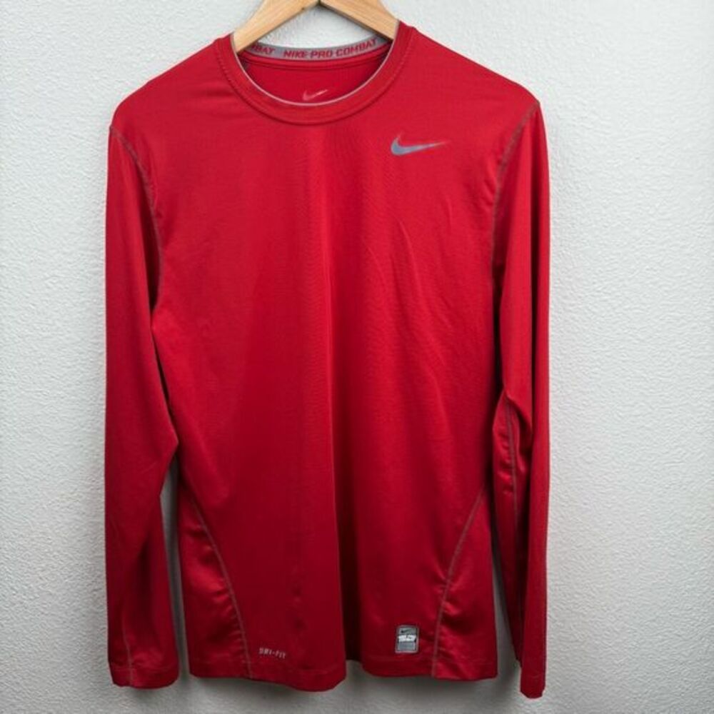 Nike Pro Combat Training Shirt Mens M Red Fitted Long Sleeve Dri-Fit Stretch NFL